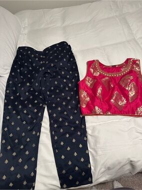 Women's Pink and Navy Ethnic Kurta Set with Gold Motifs